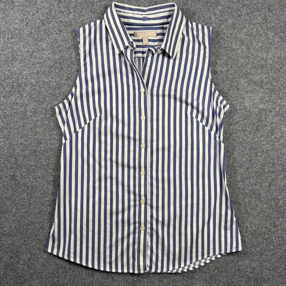 Banana Republic Sleeveless Shirt Womens 10 Blue Stripe Non-Iron Button Down